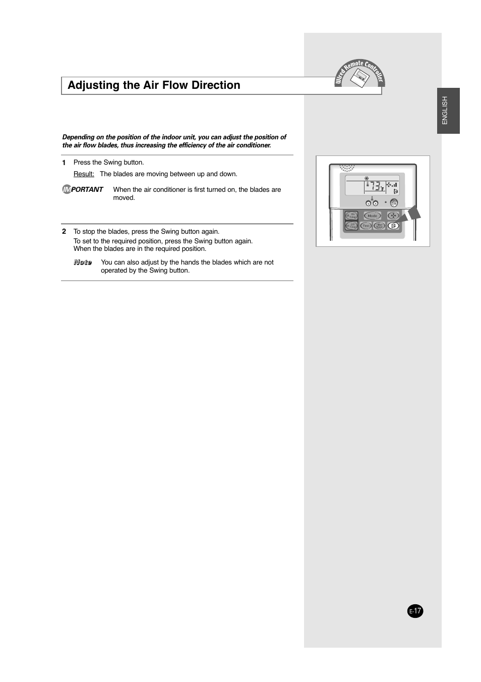 Adjusting the air flow direction | Samsung ACC2400C User Manual | Page 17 / 70