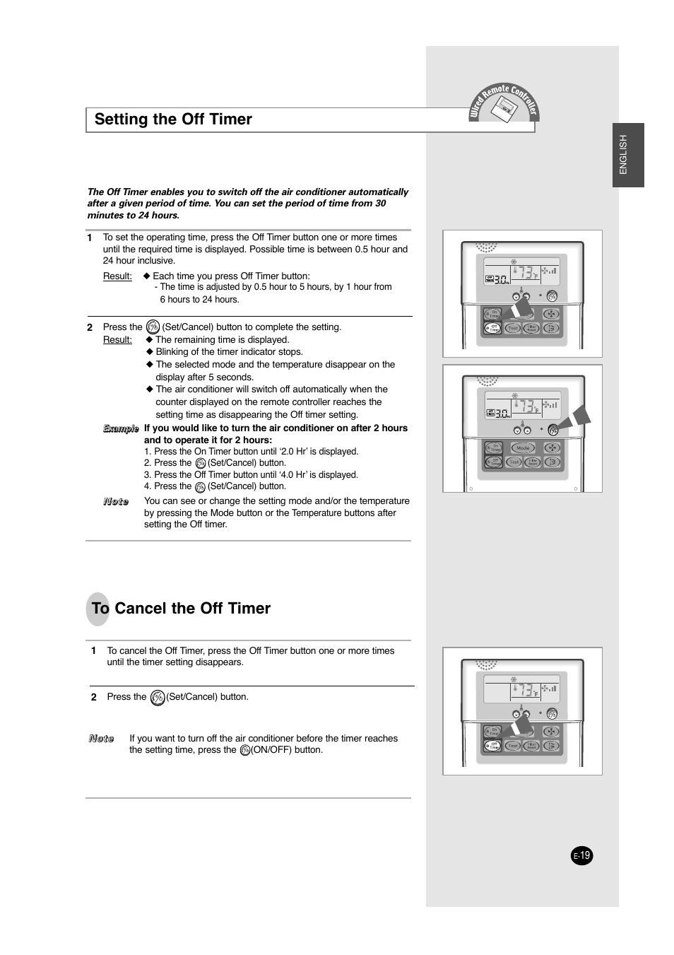 Setting the off timer | Samsung ACC2400C User Manual | Page 19 / 70