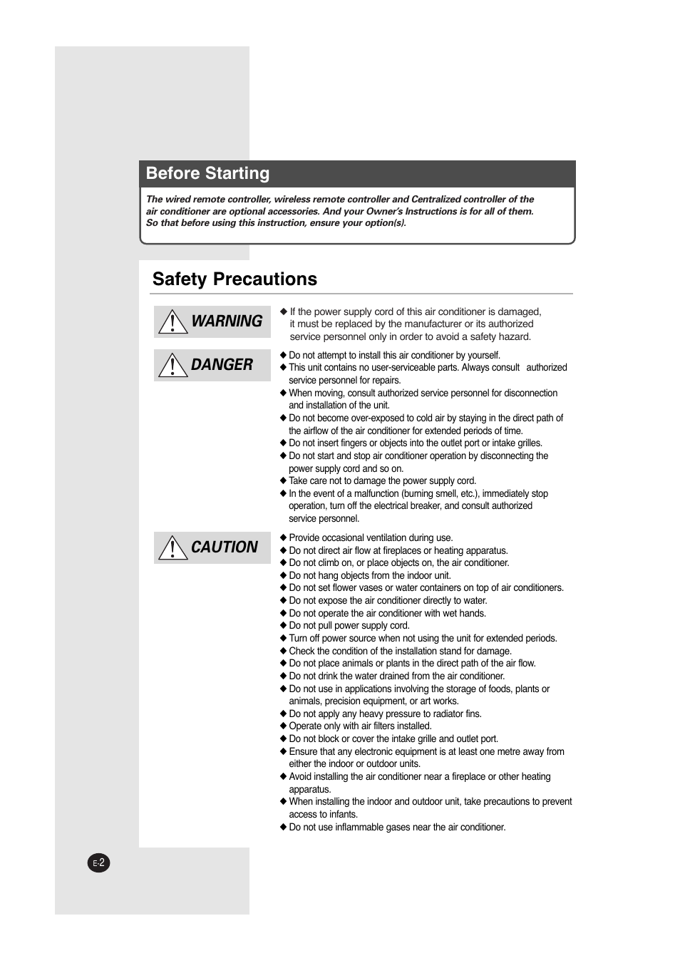 Safety precautions, Before starting, Warning | Danger, Caution | Samsung ACC2400C User Manual | Page 2 / 70