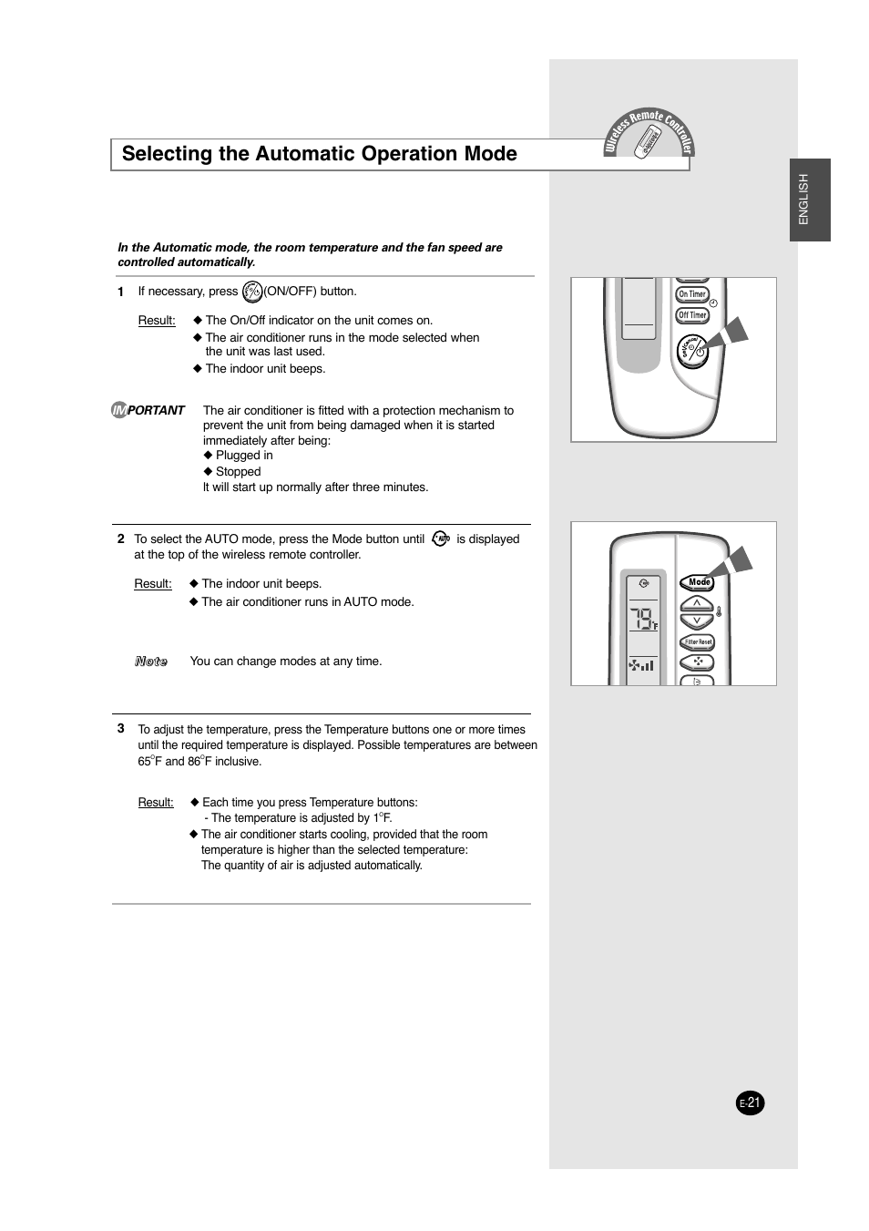 Selecting the automatic operation mode | Samsung ACC2400C User Manual | Page 21 / 70