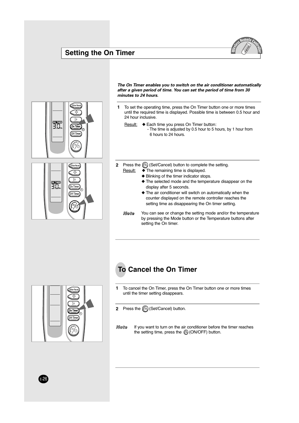 Setting the on timer | Samsung ACC2400C User Manual | Page 26 / 70