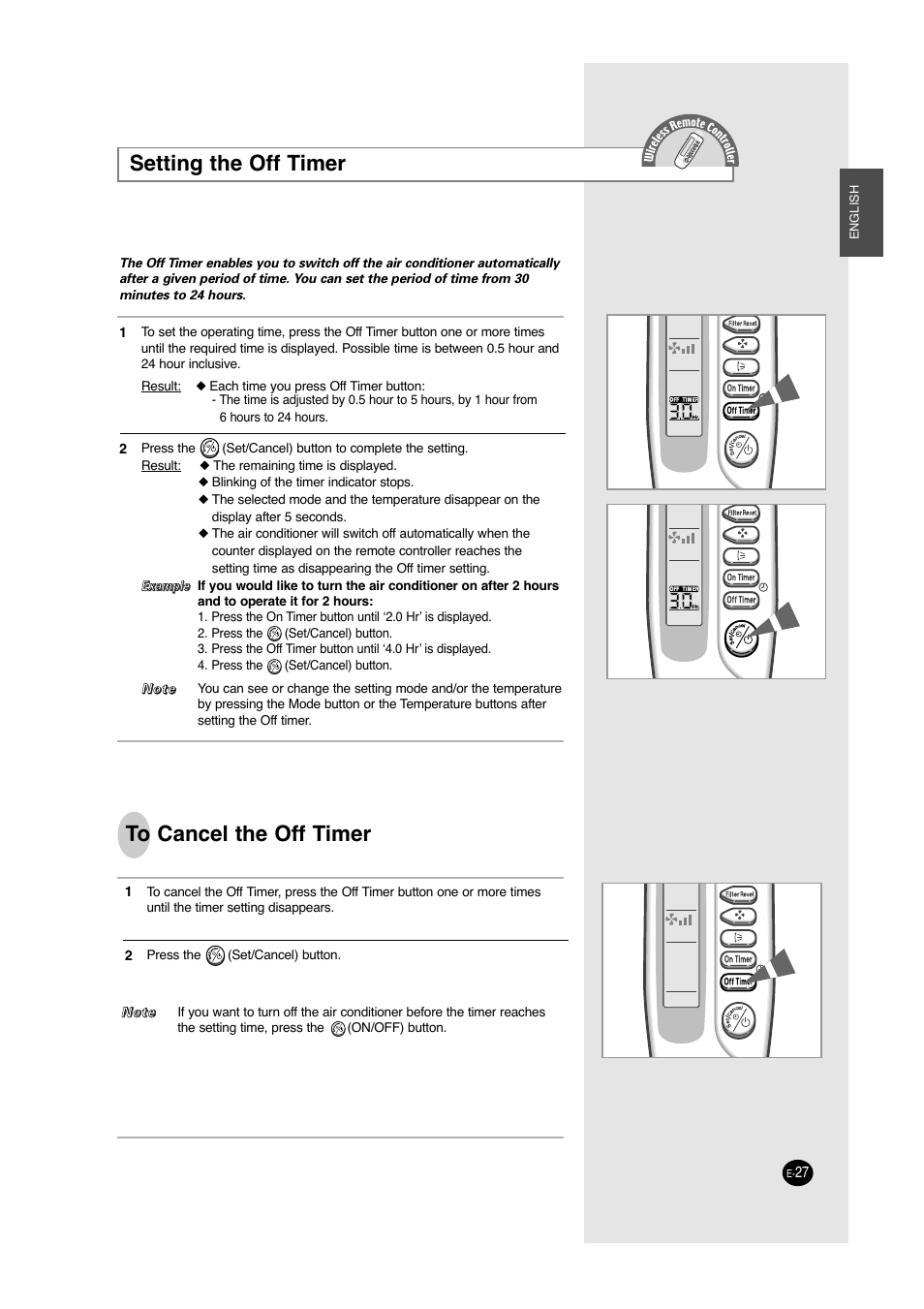 Setting the off timer | Samsung ACC2400C User Manual | Page 27 / 70