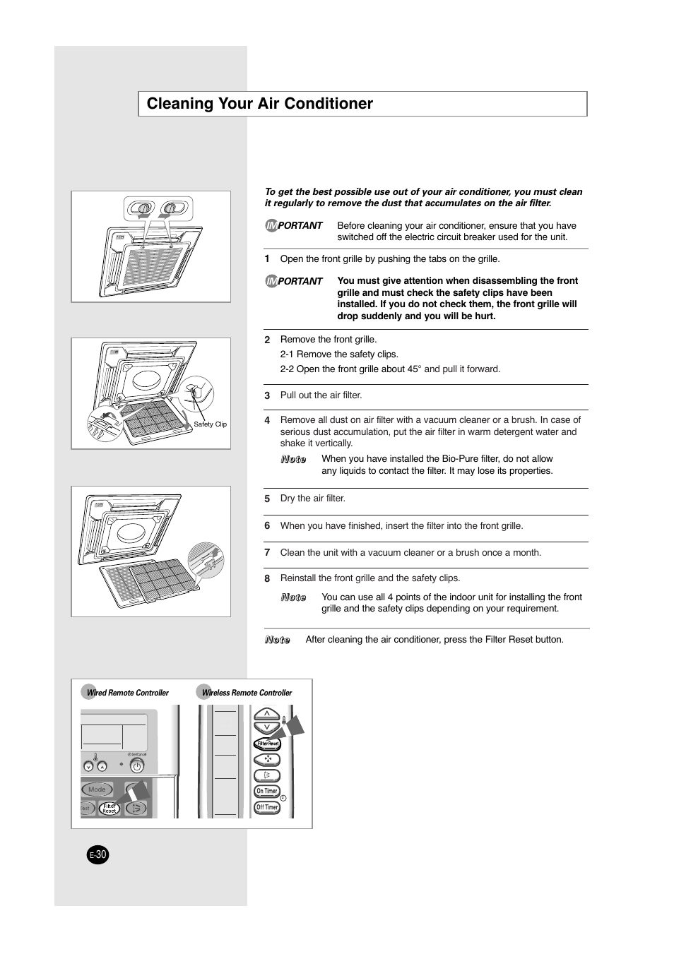 Cleaning your air conditioner | Samsung ACC2400C User Manual | Page 30 / 70