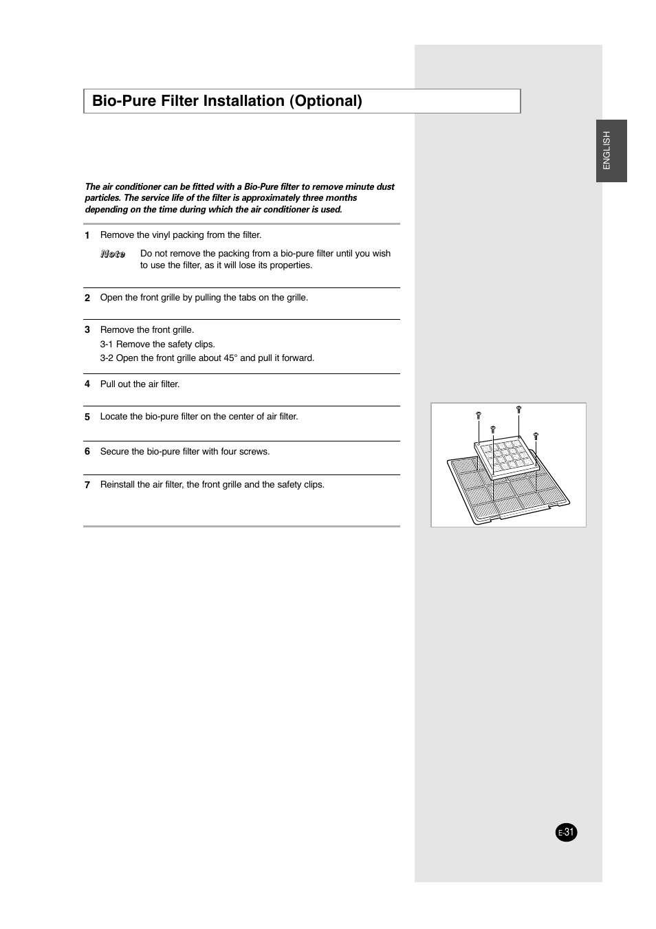 Bio-pure filter installation (optional) | Samsung ACC2400C User Manual | Page 31 / 70