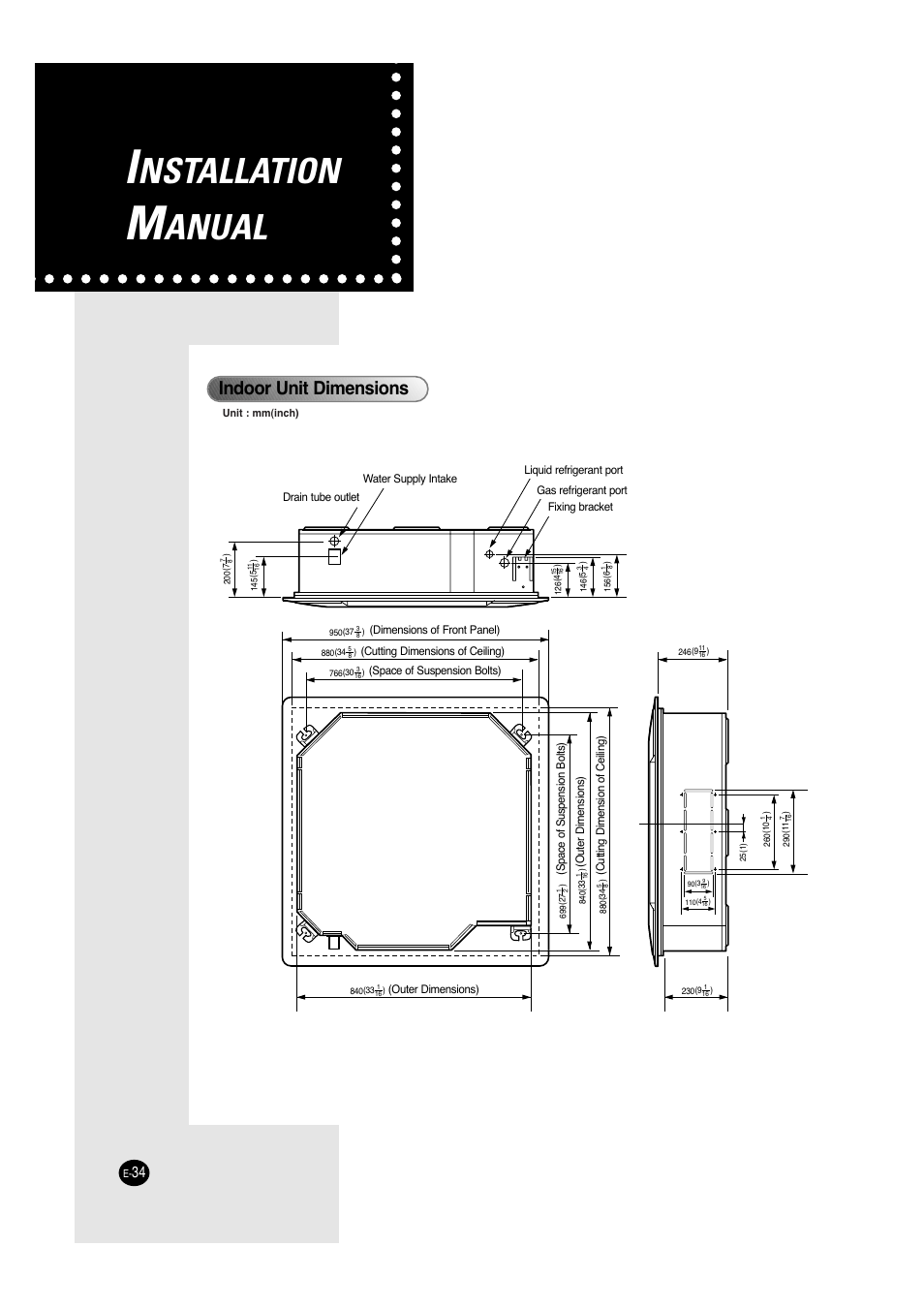 Nstallation, Anual, Indoor unit dimensions | Samsung ACC2400C User Manual | Page 34 / 70