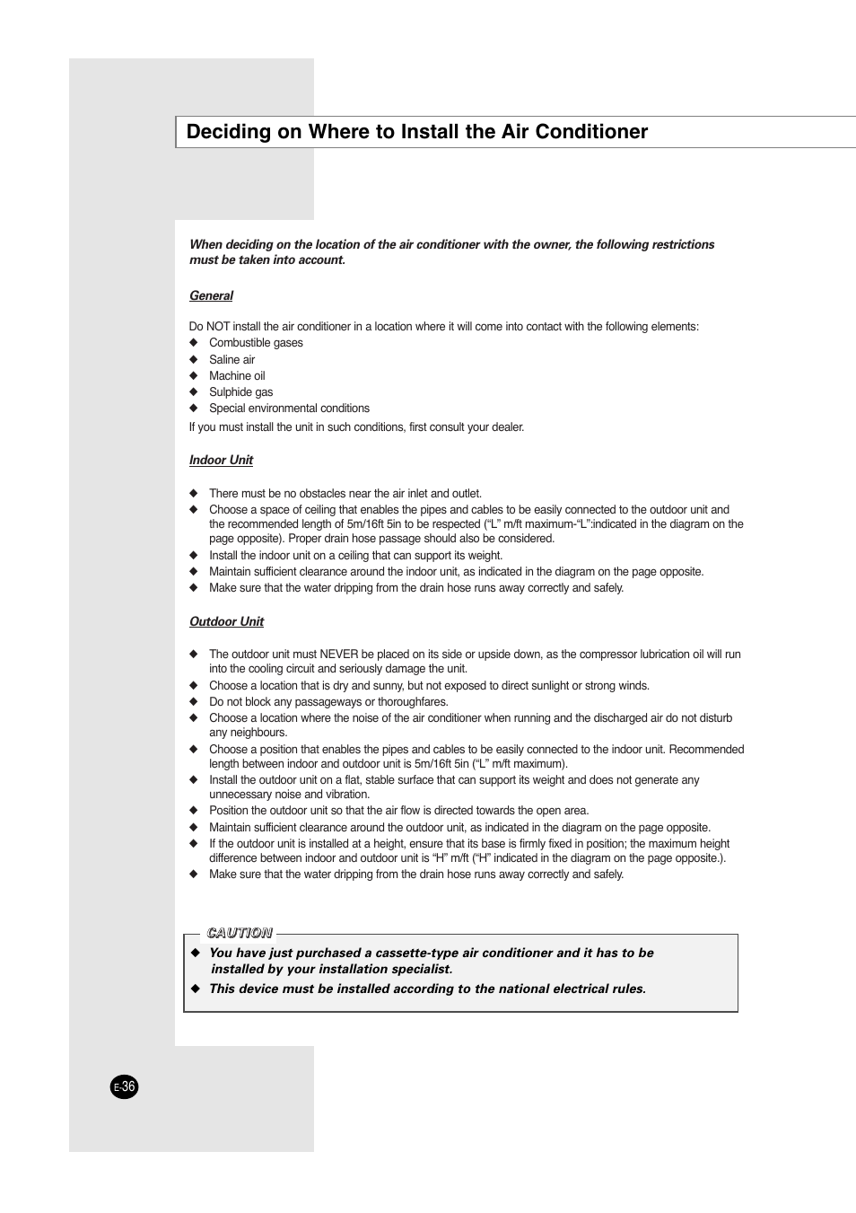 Deciding on where to install the air conditioner | Samsung ACC2400C User Manual | Page 36 / 70