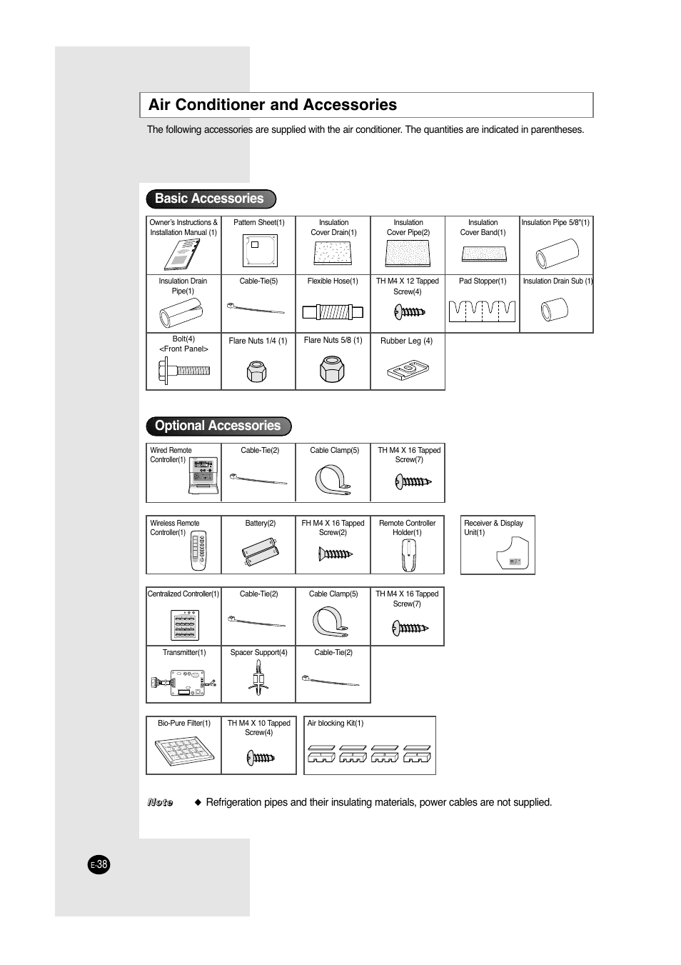 Air conditioner and accessories, Basic accessories, Optional accessories | Samsung ACC2400C User Manual | Page 38 / 70