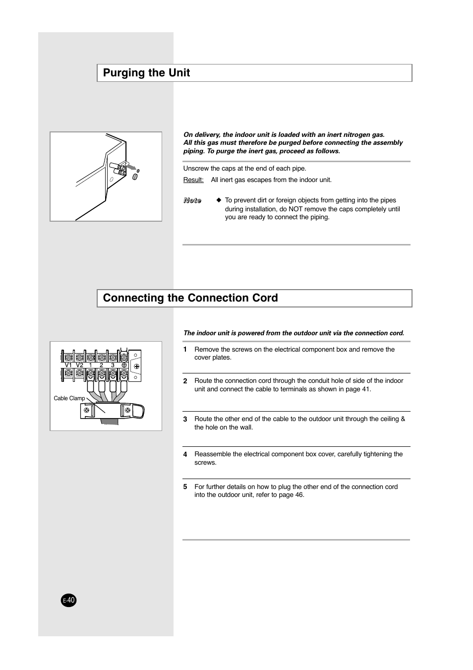 Purging the unit, Connecting the connection cord | Samsung ACC2400C User Manual | Page 40 / 70