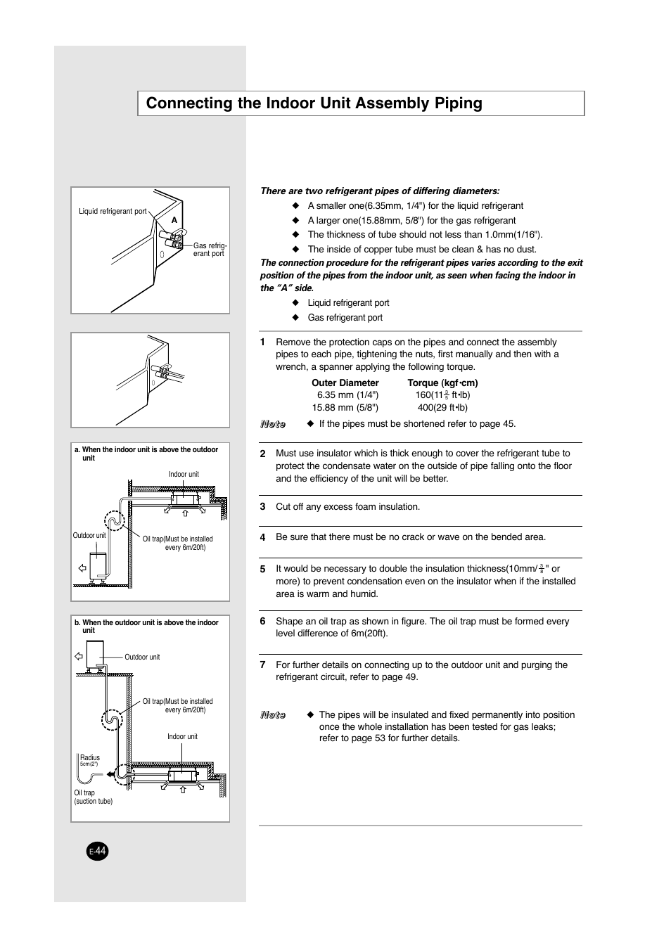 Connecting the indoor unit assembly piping | Samsung ACC2400C User Manual | Page 44 / 70