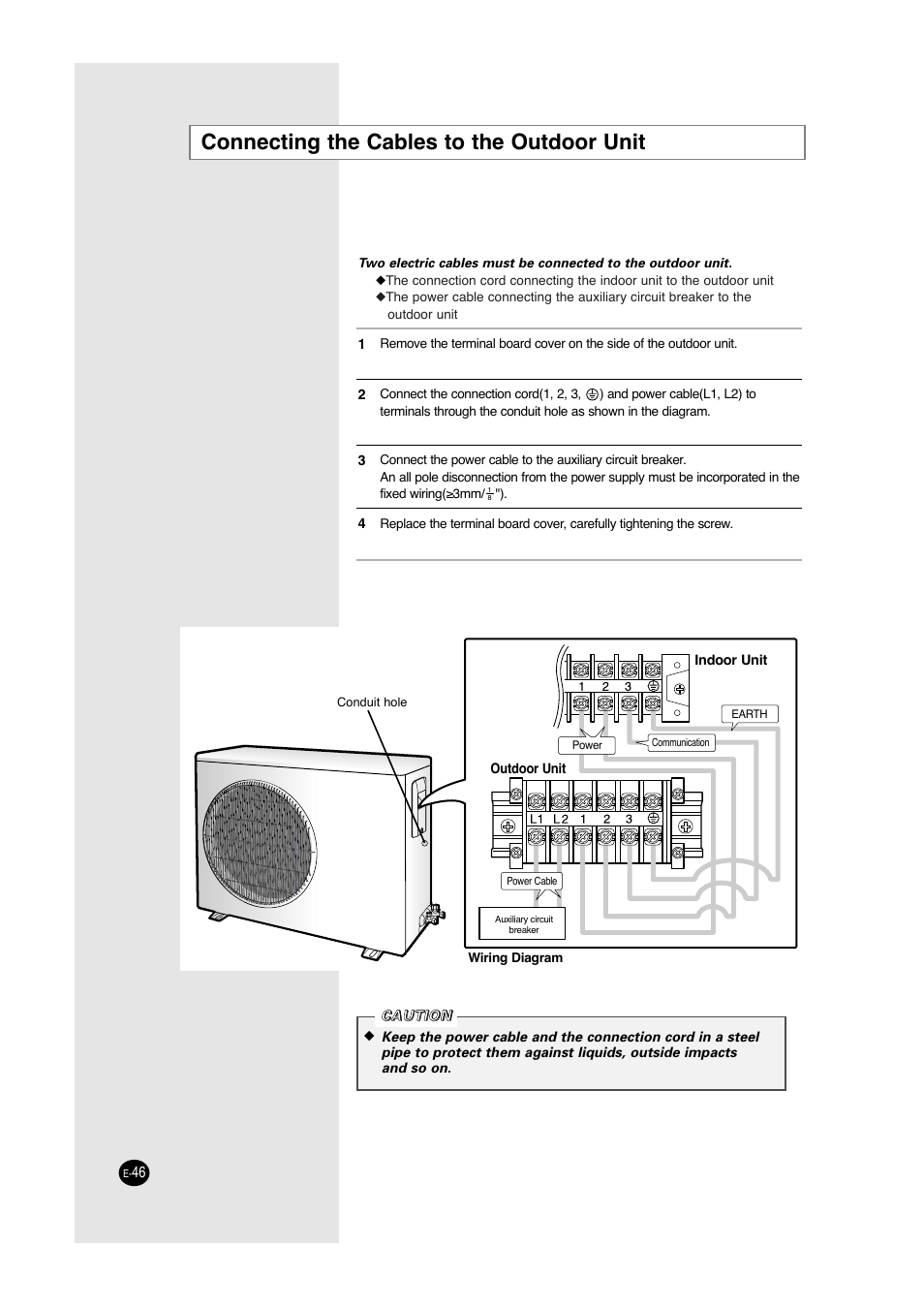 Connecting the cables to the outdoor unit | Samsung ACC2400C User Manual | Page 46 / 70