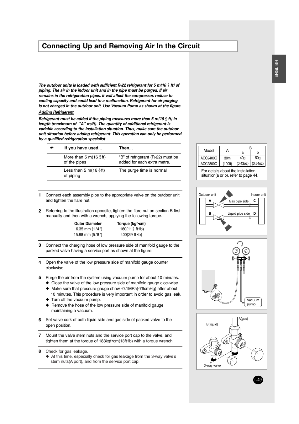 Connecting up and removing air in the circuit | Samsung ACC2400C User Manual | Page 49 / 70