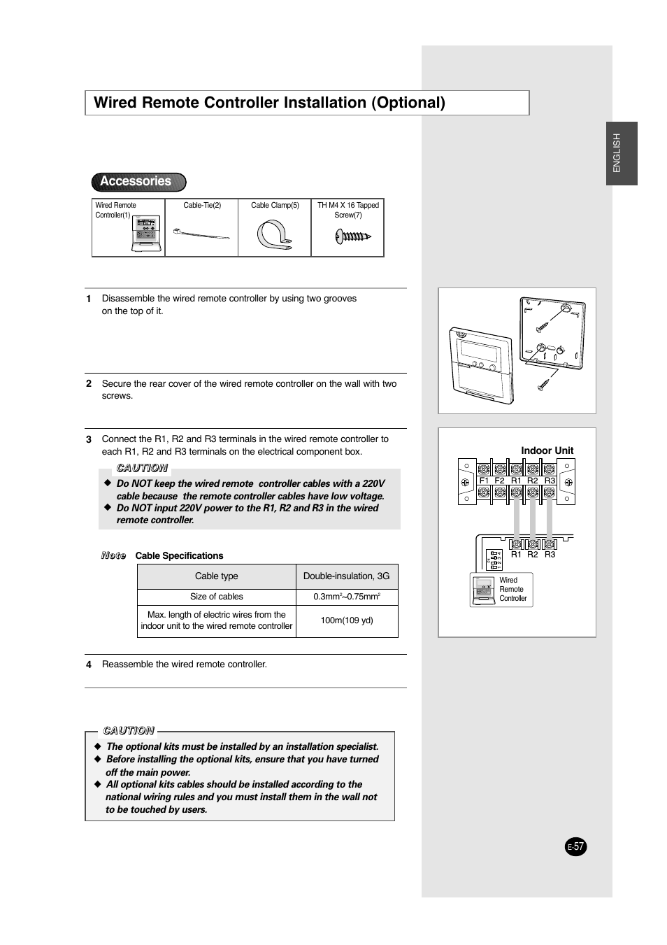 Wired remote controller installation (optional), Accessories | Samsung ACC2400C User Manual | Page 57 / 70