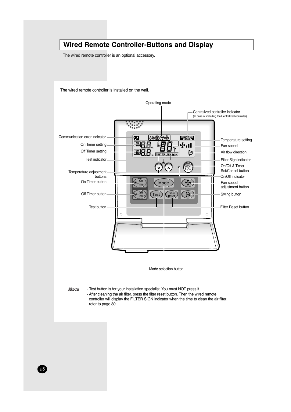 Wired remote controller-buttons and display | Samsung ACC2400C User Manual | Page 6 / 70