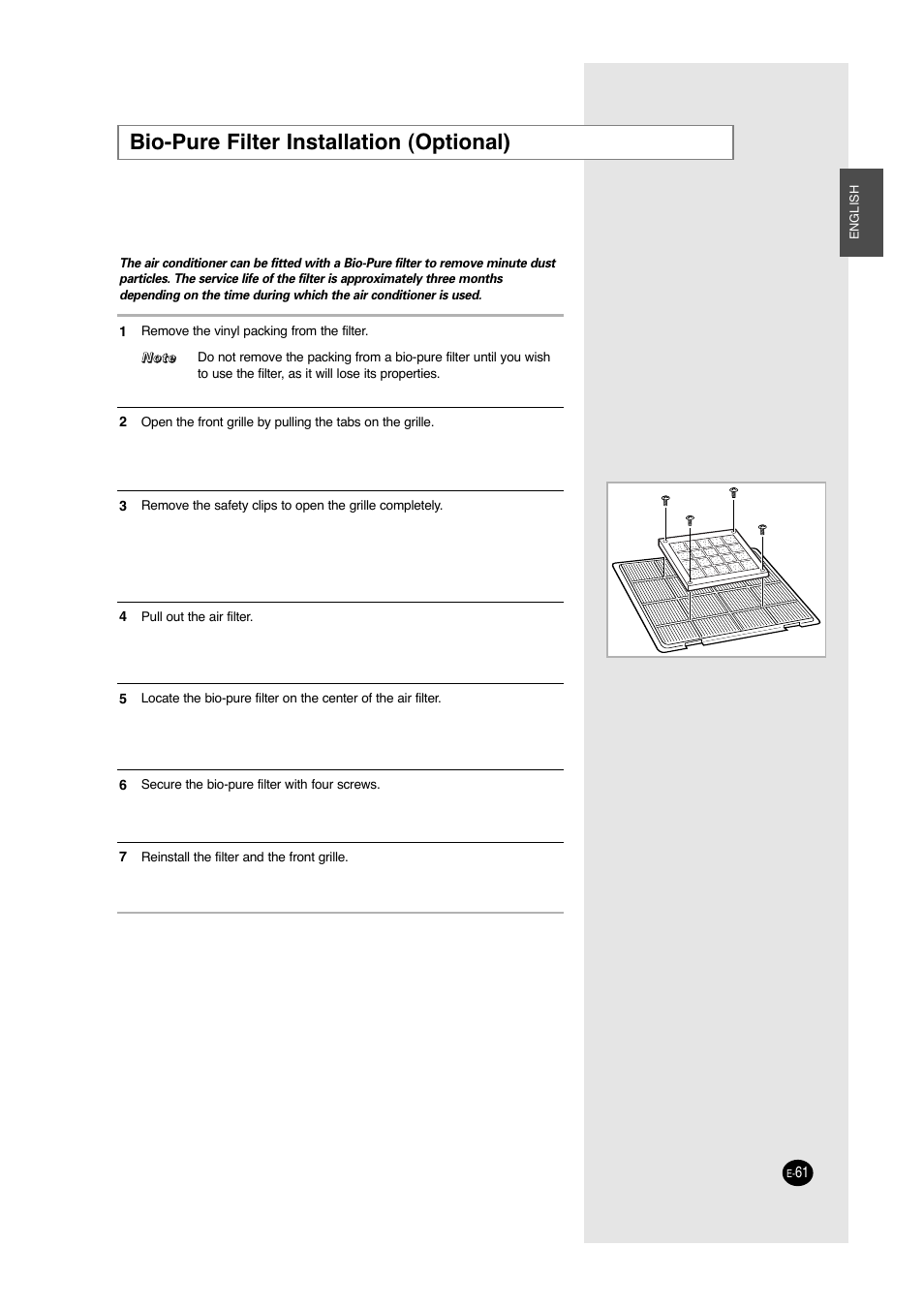 Bio-pure filter installation (optional) | Samsung ACC2400C User Manual | Page 61 / 70