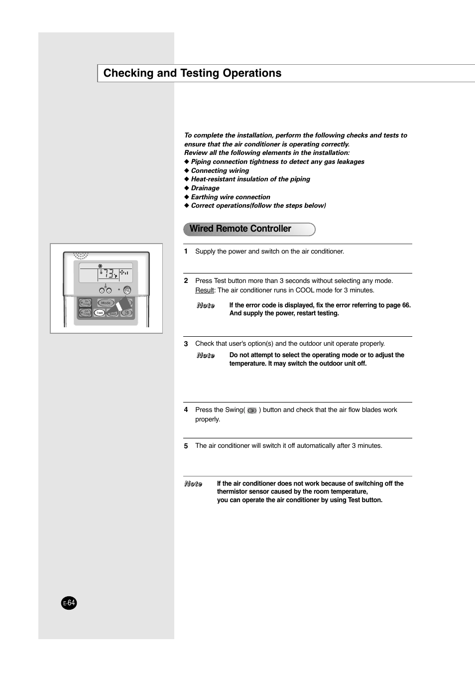 Checking and testing operations, Wired remote controller | Samsung ACC2400C User Manual | Page 64 / 70