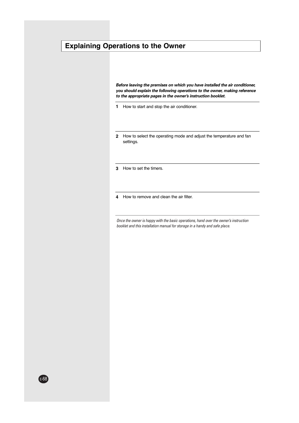 Explaining operations to the owner | Samsung ACC2400C User Manual | Page 68 / 70