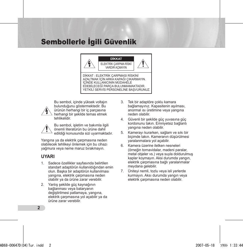 Sembollerle igili güvenlik, Uyari | Samsung SCC-B531x(B) User Manual | Page 102 / 118