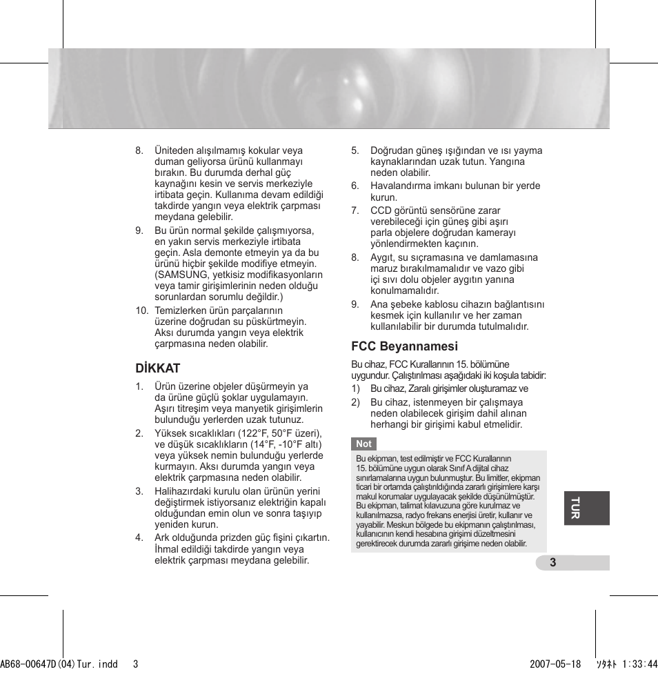Dikkat, Fcc beyannamesi | Samsung SCC-B531x(B) User Manual | Page 103 / 118