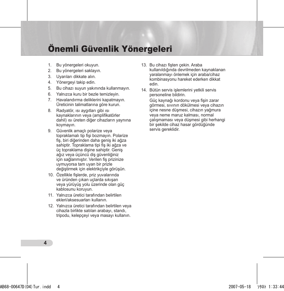 Önemli güvenlik yönergeleri | Samsung SCC-B531x(B) User Manual | Page 104 / 118