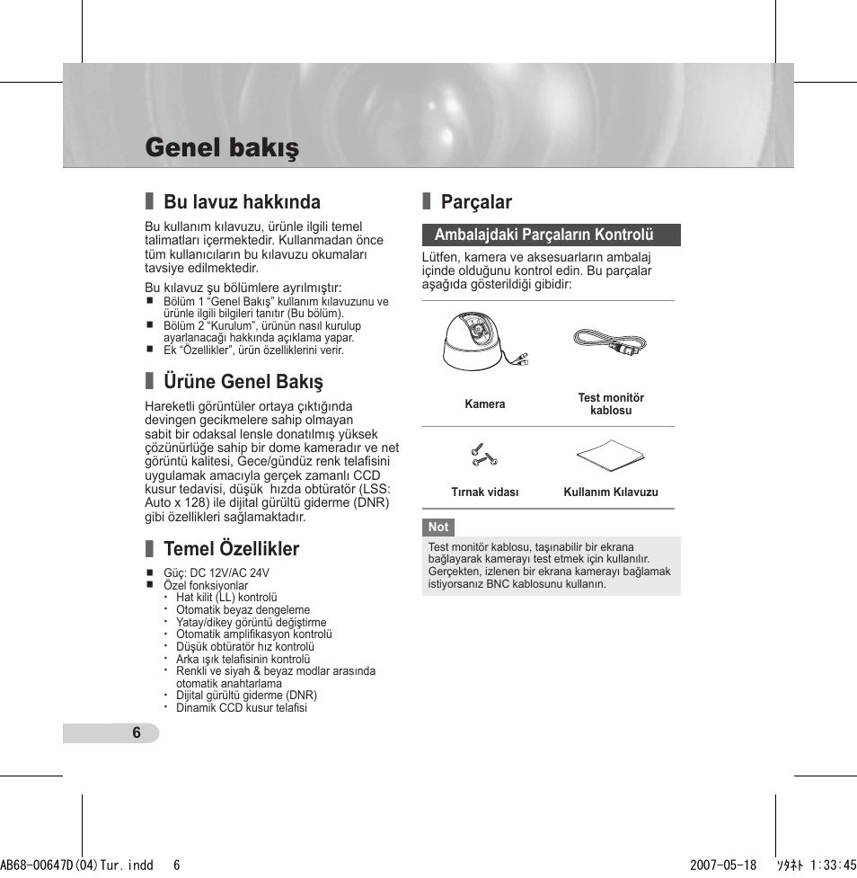 Genel bakış, Bu lavuz hakkında, Ürüne genel bakış | Temel özellikler, Parçalar | Samsung SCC-B531x(B) User Manual | Page 106 / 118