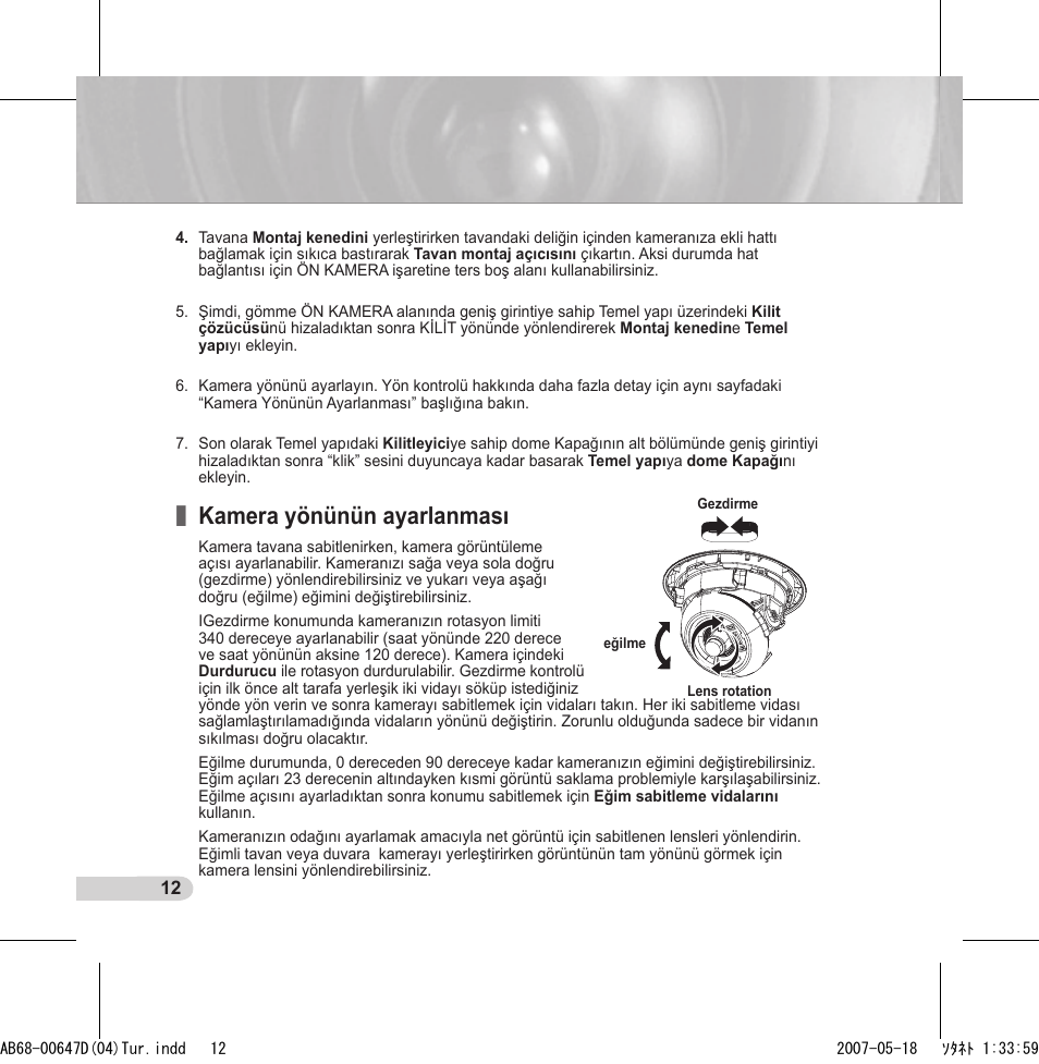 Kamera yönünün ayarlanması | Samsung SCC-B531x(B) User Manual | Page 112 / 118