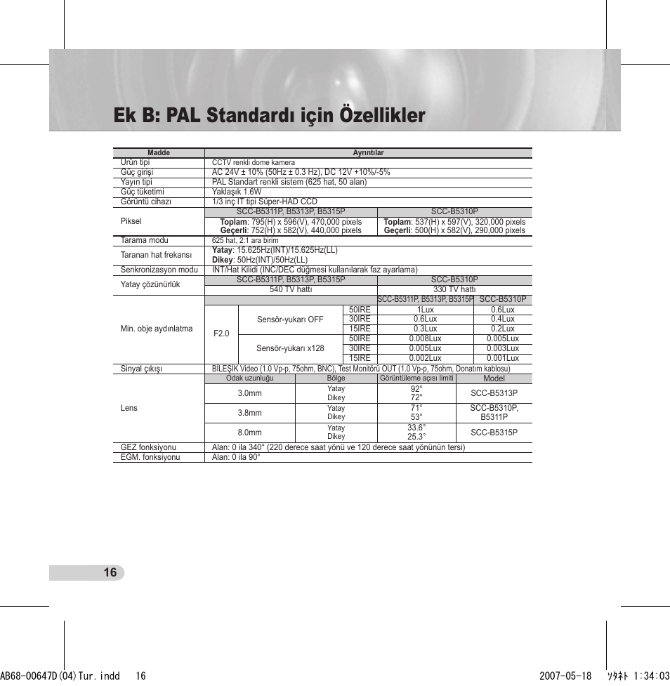 Ek b: pal standardı için özellikler | Samsung SCC-B531x(B) User Manual | Page 116 / 118