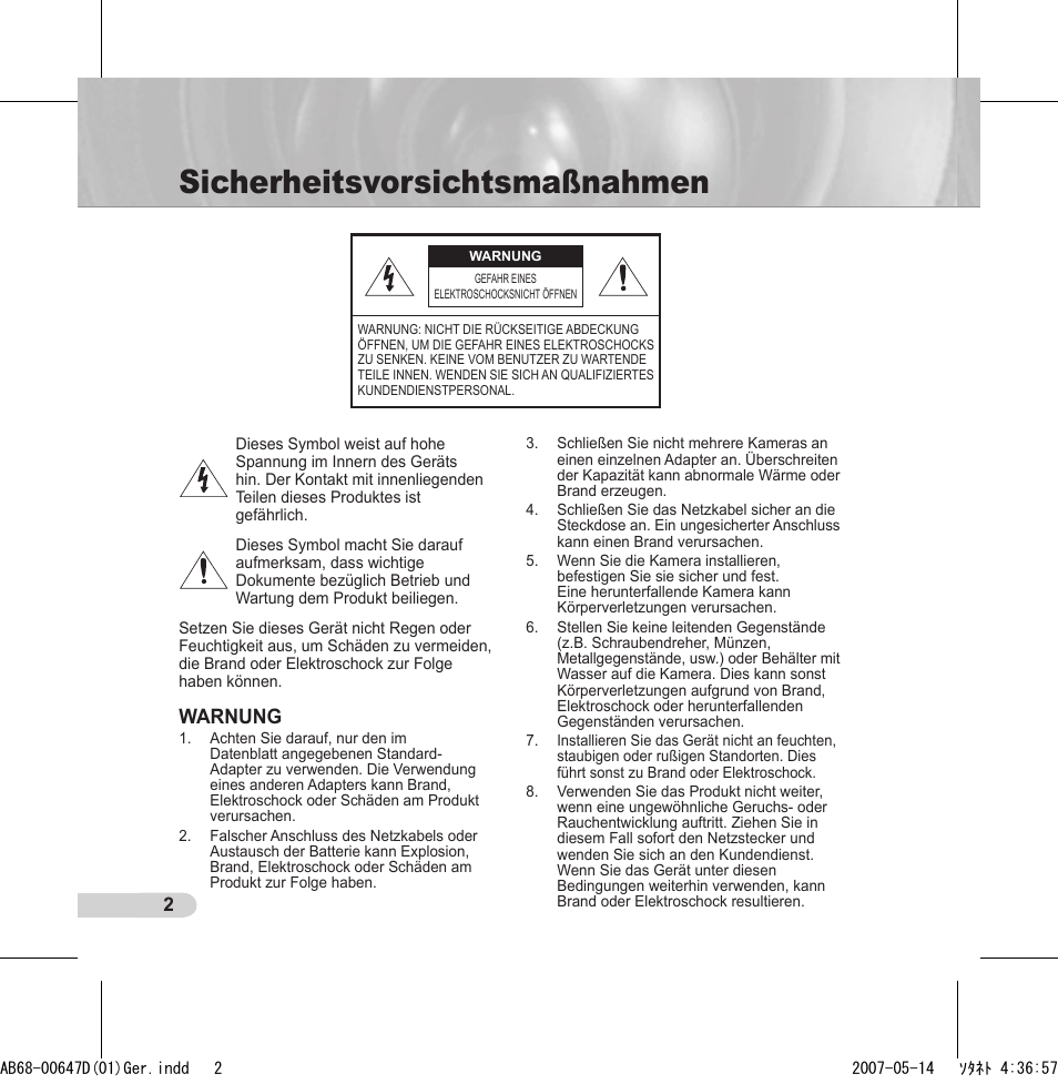 Sicherheitsvorsichtsmaßnahmen, Warnung | Samsung SCC-B531x(B) User Manual | Page 22 / 118