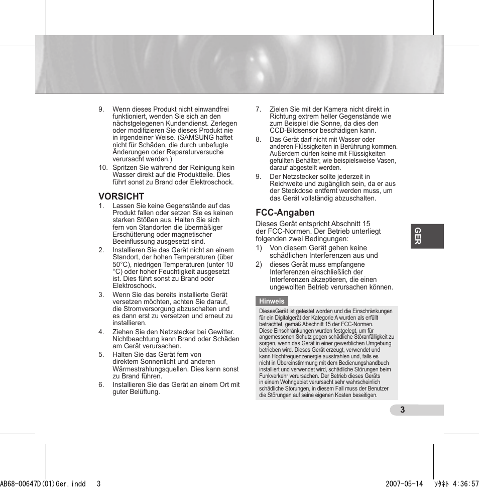 Vorsicht, Fcc-angaben | Samsung SCC-B531x(B) User Manual | Page 23 / 118