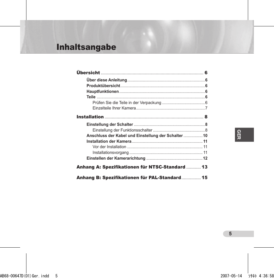 Inhaltsangabe | Samsung SCC-B531x(B) User Manual | Page 25 / 118