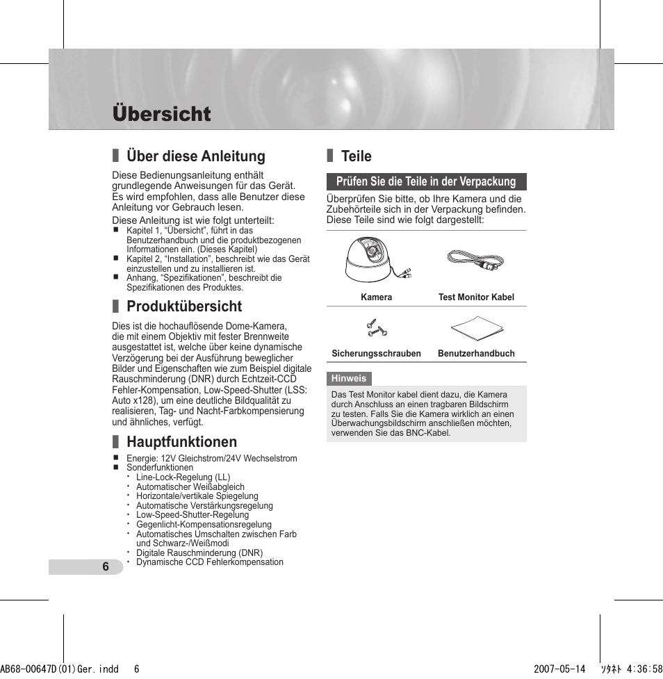 Übersicht, Über diese anleitung, Produktübersicht | Hauptfunktionen, Teile | Samsung SCC-B531x(B) User Manual | Page 26 / 118