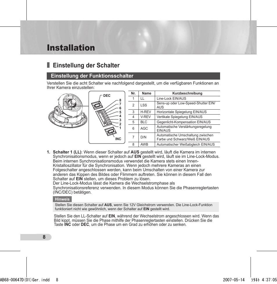Installation, Einstellung der schalter, Einstellung der funktionsschalter | Samsung SCC-B531x(B) User Manual | Page 28 / 118