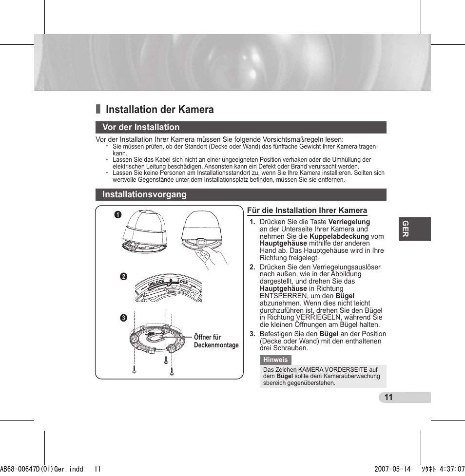 Installation der kamera | Samsung SCC-B531x(B) User Manual | Page 31 / 118