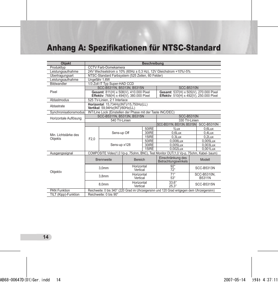 Anhang a: speziﬁkationen für ntsc-standard | Samsung SCC-B531x(B) User Manual | Page 34 / 118