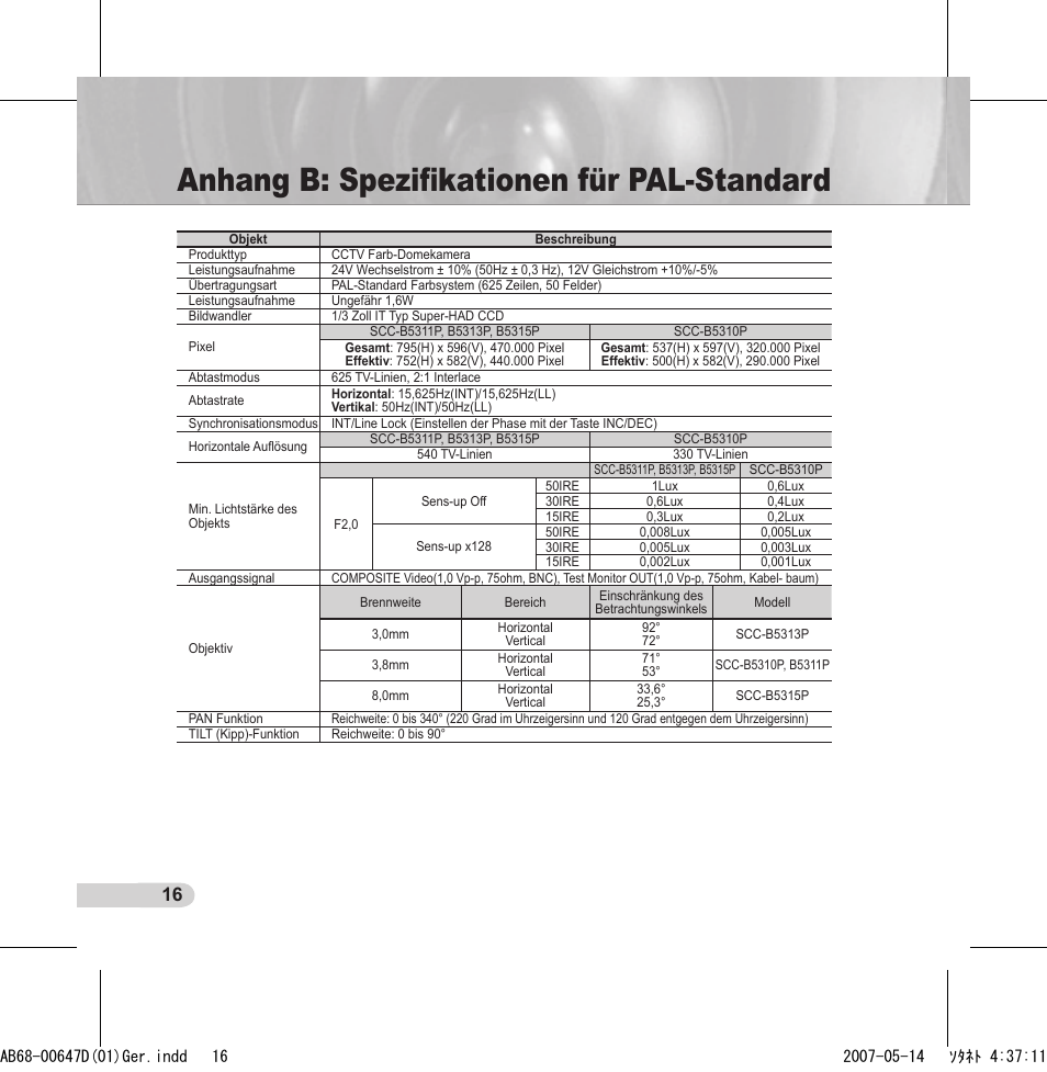 Anhang b: speziﬁkationen für pal-standard | Samsung SCC-B531x(B) User Manual | Page 36 / 118