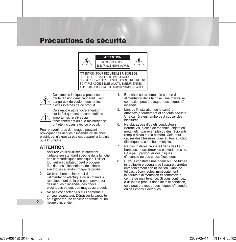 Précautions de sécurité, Attention | Samsung SCC-B531x(B) User Manual | Page 42 / 118