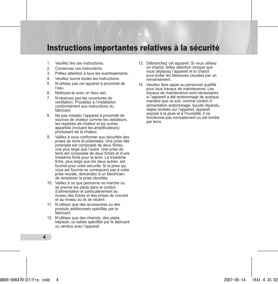 Instructions importantes relatives à la sécurité | Samsung SCC-B531x(B) User Manual | Page 44 / 118