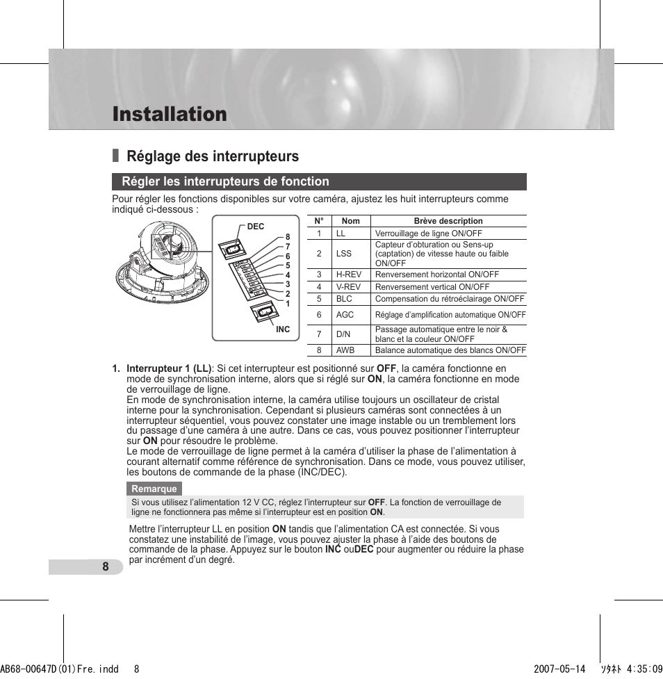 Installation, Réglage des interrupteurs, Régler les interrupteurs de fonction | Samsung SCC-B531x(B) User Manual | Page 48 / 118