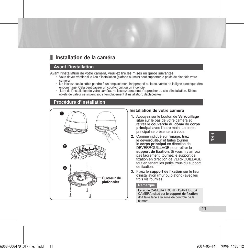 Installation de la caméra, Avant l’installation, Procédure d’installation | Samsung SCC-B531x(B) User Manual | Page 51 / 118