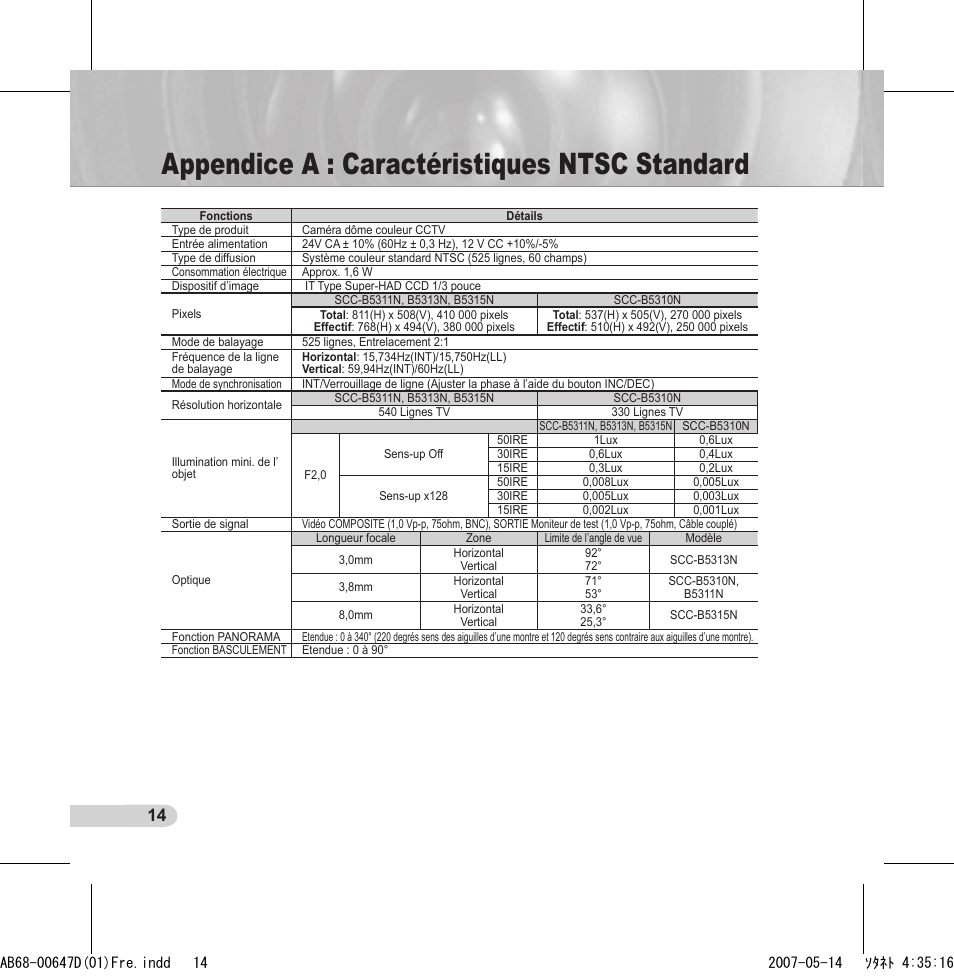 Appendice a : caractéristiques ntsc standard | Samsung SCC-B531x(B) User Manual | Page 54 / 118