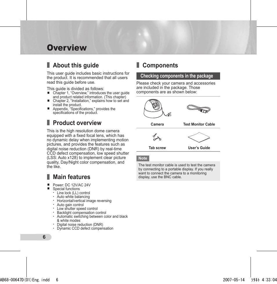 Overview, About this guide, Product overview | Main features, Components | Samsung SCC-B531x(B) User Manual | Page 6 / 118