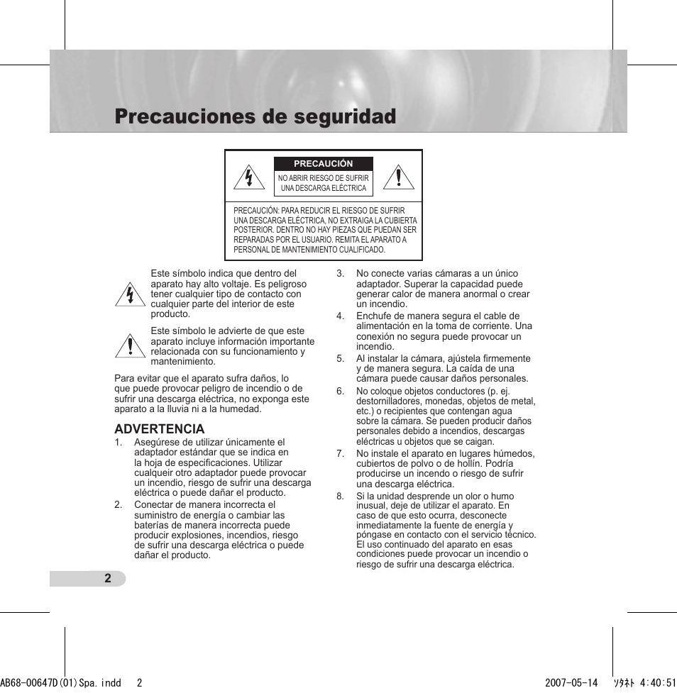 Precauciones de seguridad, Advertencia | Samsung SCC-B531x(B) User Manual | Page 62 / 118