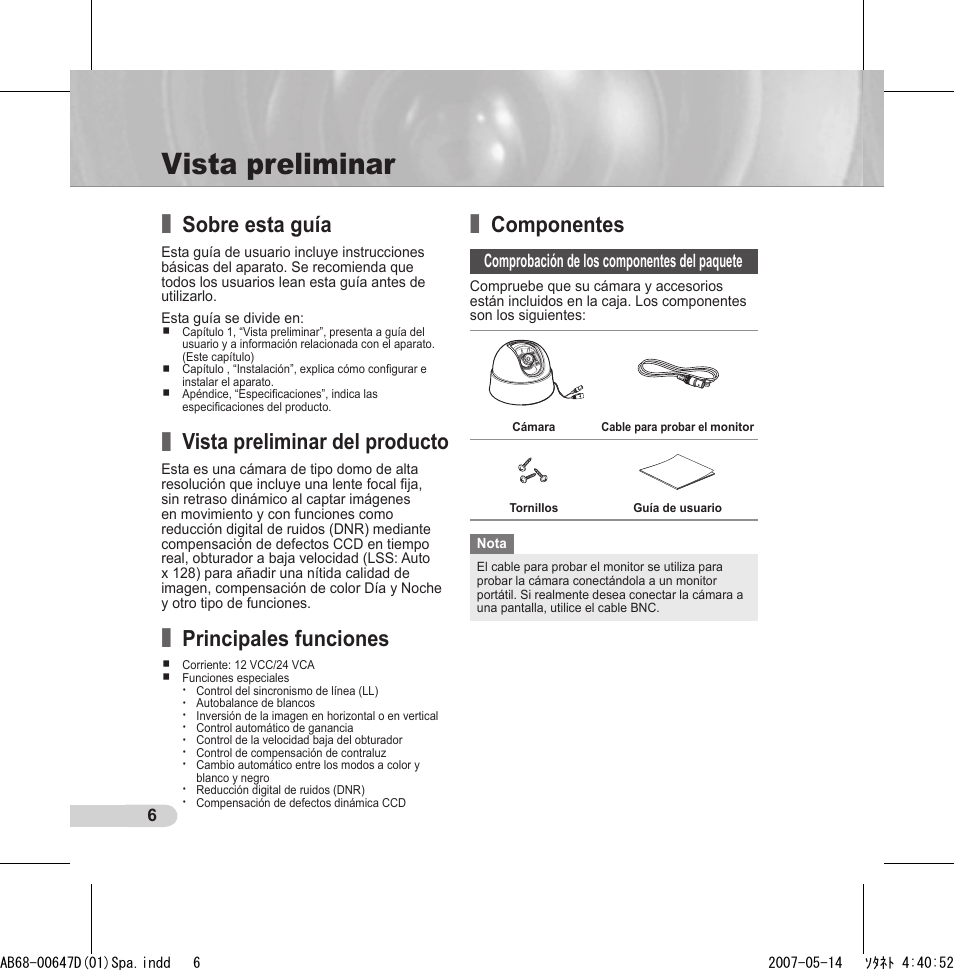 Vista preliminar, Sobre esta guía, Vista preliminar del producto | Principales funciones, Componentes, Comprobación de los componentes del paquete | Samsung SCC-B531x(B) User Manual | Page 66 / 118