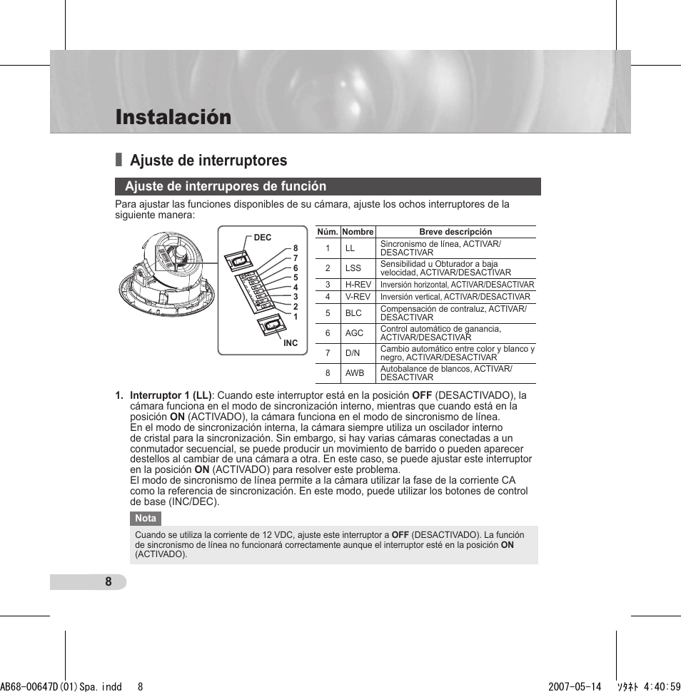 Instalación, Ajuste de interruptores, Ajuste de interrupores de función | Samsung SCC-B531x(B) User Manual | Page 68 / 118