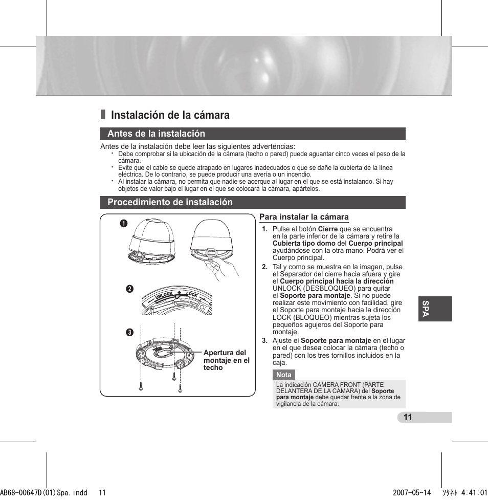 Instalación de la cámara, Antes de la instalación, Procedimiento de instalación | Samsung SCC-B531x(B) User Manual | Page 71 / 118