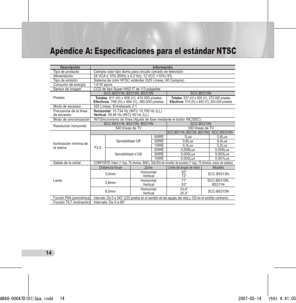 Apéndice a: especiﬁcaciones para el estándar ntsc | Samsung SCC-B531x(B) User Manual | Page 74 / 118