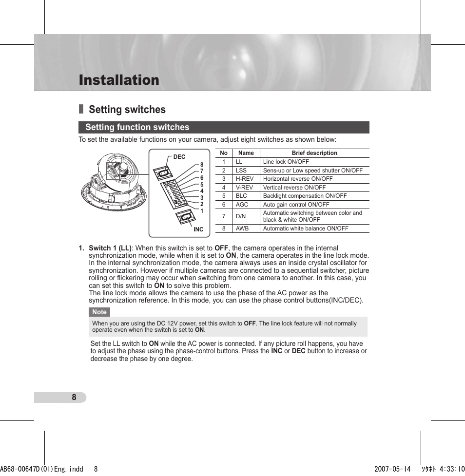 Installation, Setting switches, Setting function switches | Samsung SCC-B531x(B) User Manual | Page 8 / 118