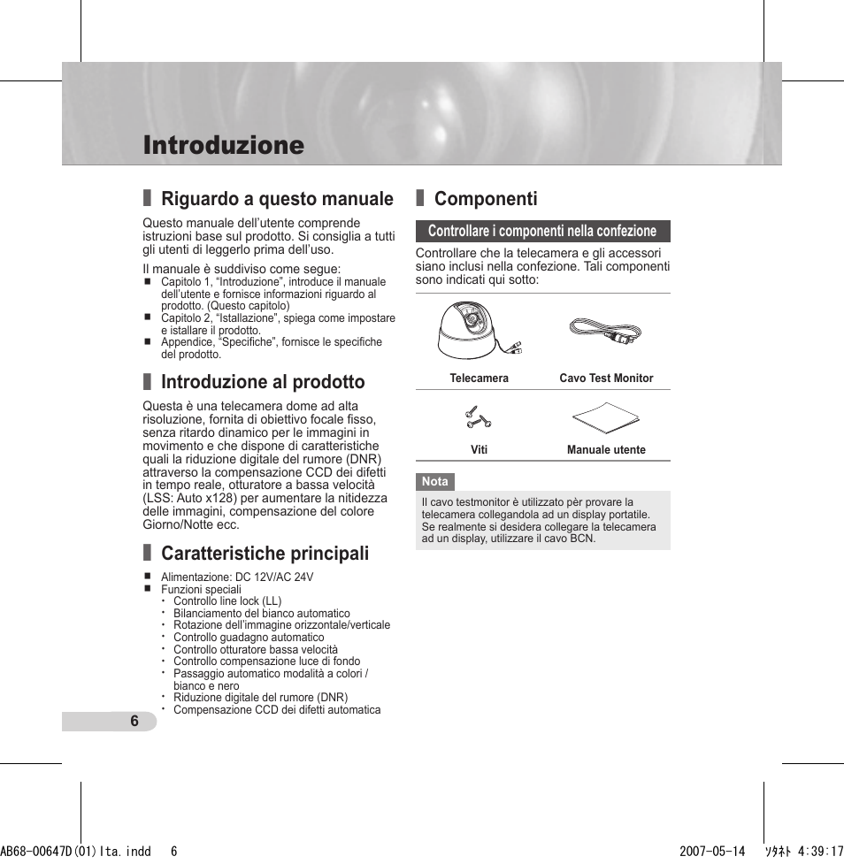 Introduzione, Riguardo a questo manuale, Introduzione al prodotto | Caratteristiche principali, Componenti | Samsung SCC-B531x(B) User Manual | Page 86 / 118