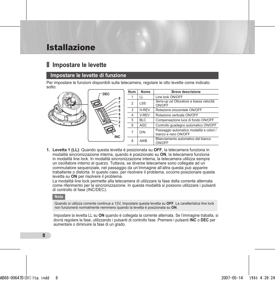 Istallazione, Impostare le levette, Impostare le levette di funzione | Samsung SCC-B531x(B) User Manual | Page 88 / 118