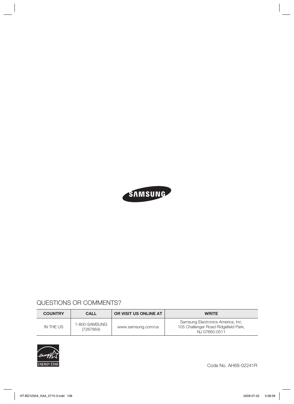 Questions or comments | Samsung HT-BD1250 User Manual | Page 108 / 108