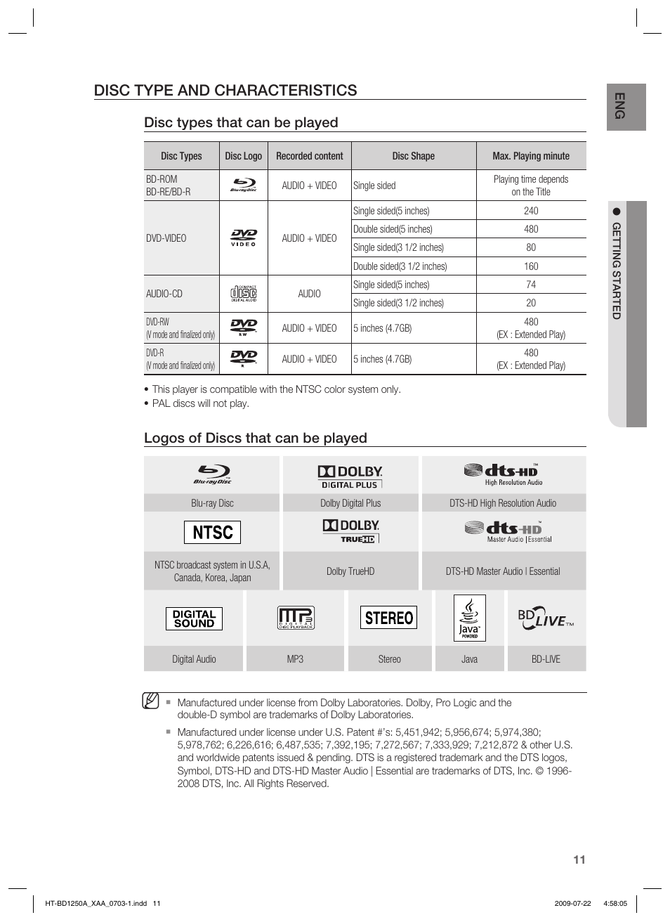 Disc type and characteristics, Disc types that can be played, Logos of discs that can be played | Samsung HT-BD1250 User Manual | Page 11 / 108